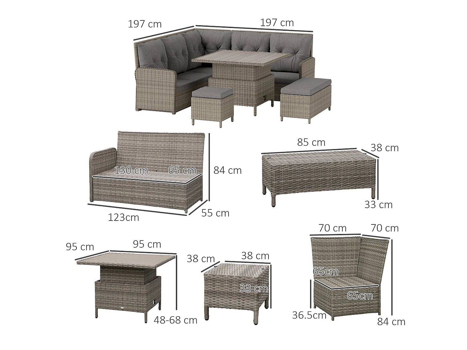 Mirase Light Grey Faux Rattan Modular 9 Seater Corner Sofa Set with Lift Up Coffee Table