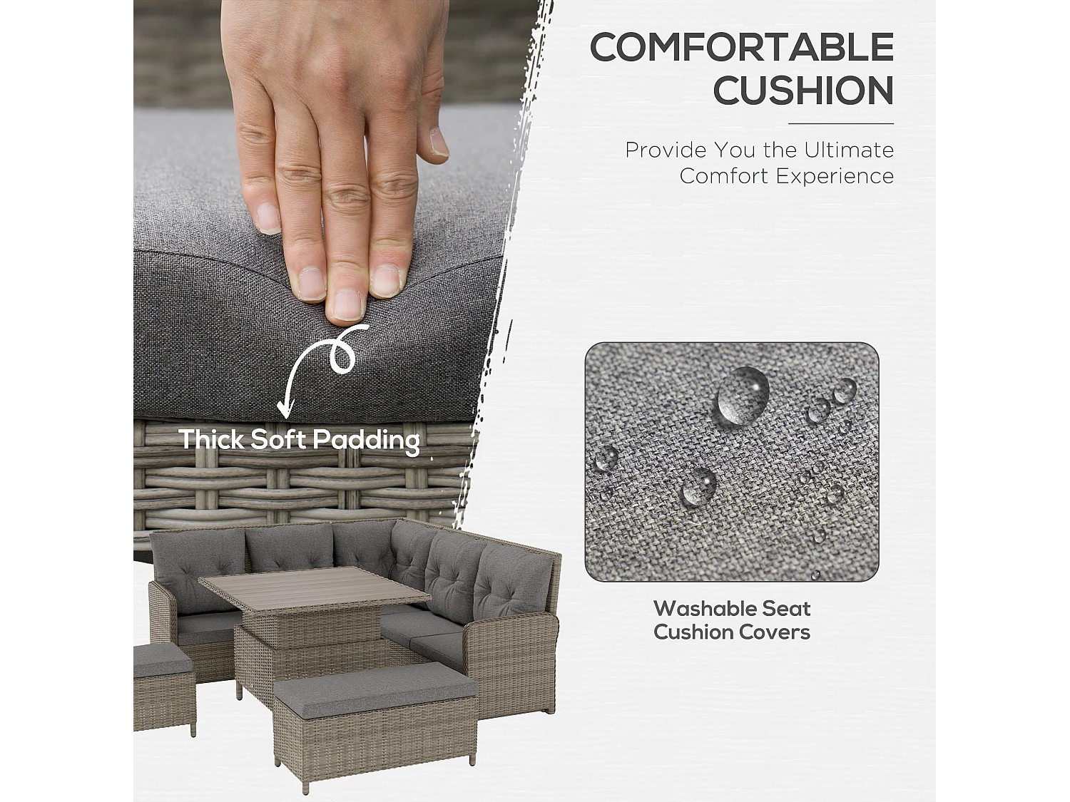 Mirase Light Grey Faux Rattan Modular 9 Seater Corner Sofa Set with Lift Up Coffee Table