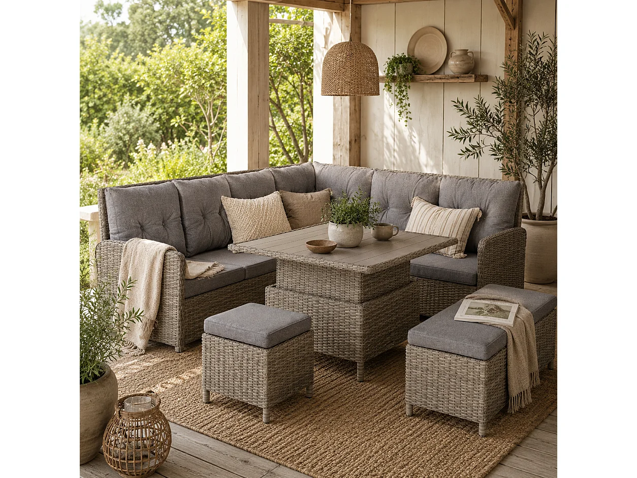 Mirase Light Grey Faux Rattan Modular 9 Seater Corner Sofa Set with Lift Up Coffee Table