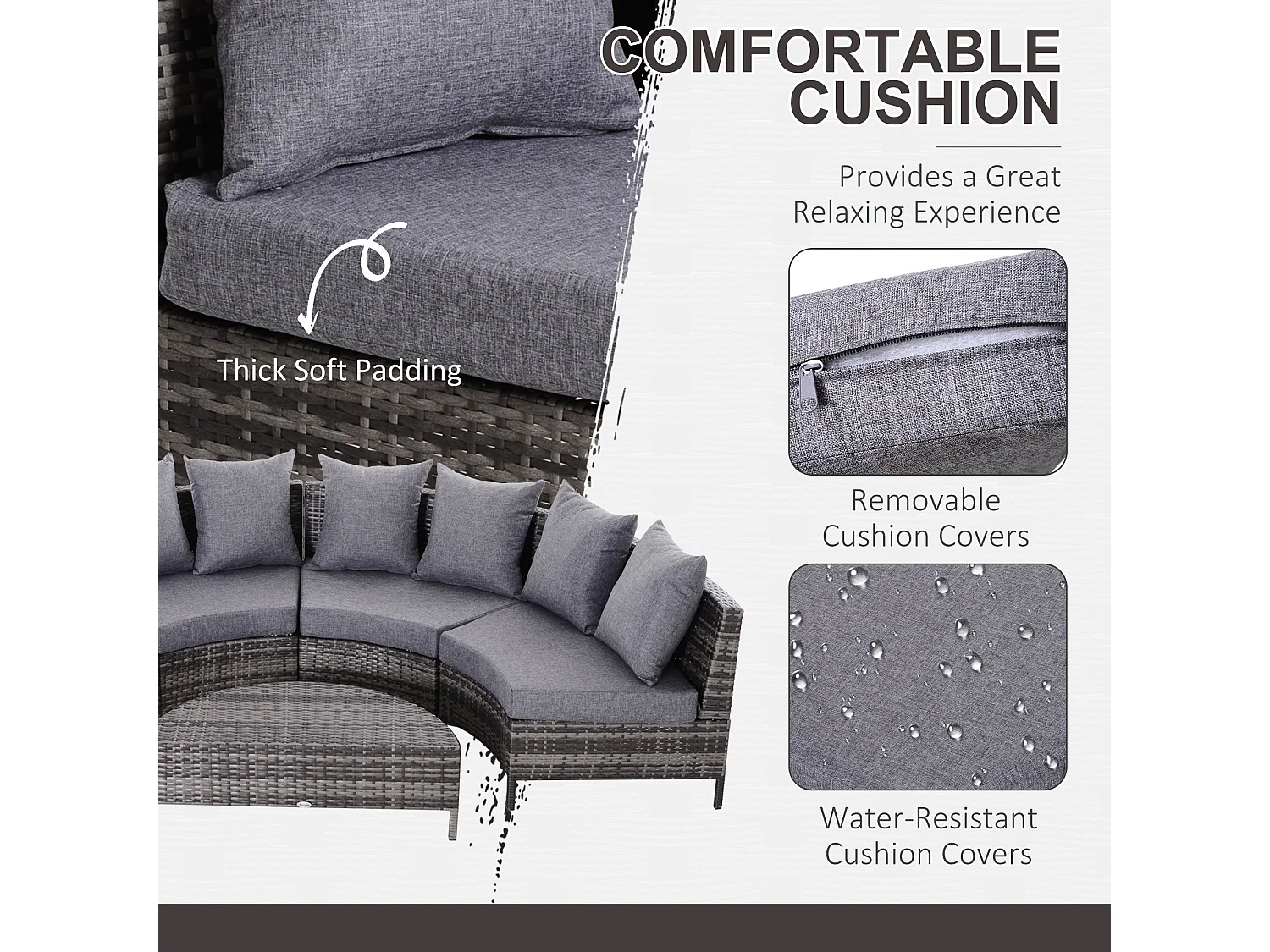 Reka Grey 5 Seater Half Round Rattan Outdoor Sofa Set with Coffee Table
