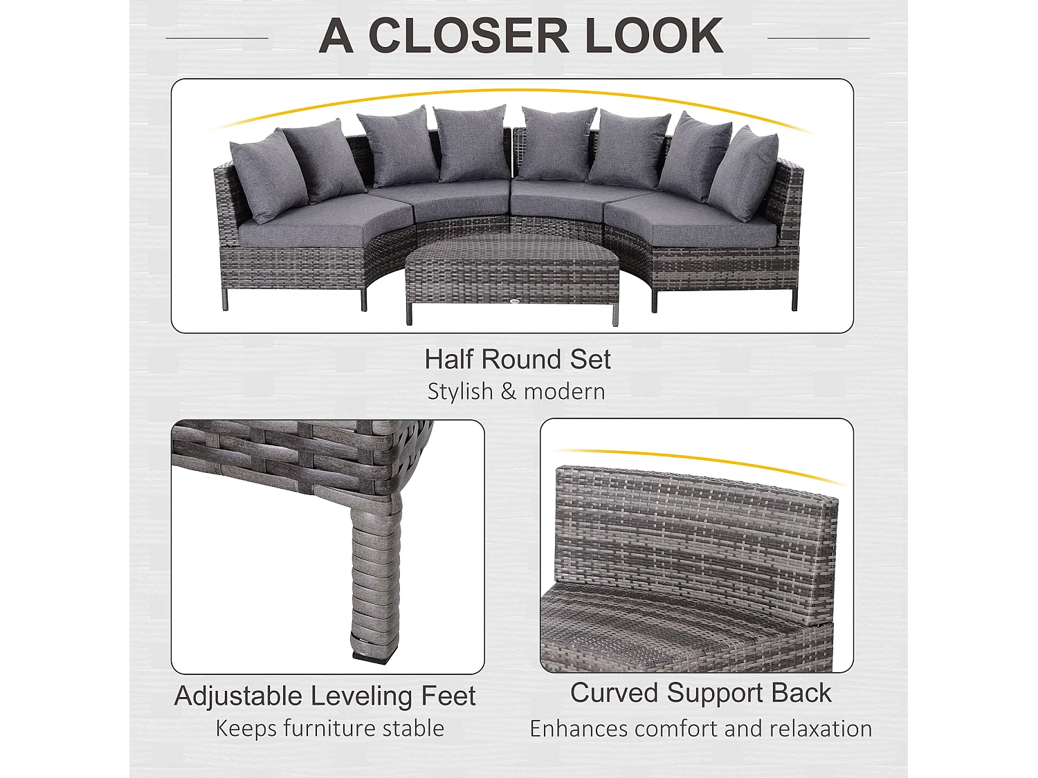 Reka Grey 5 Seater Half Round Rattan Outdoor Sofa Set with Coffee Table