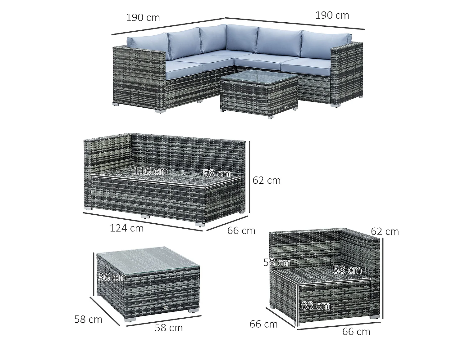 Kabaco Grey Faux Rattan 4 Piece Outdoor Sofa Set with Cushions