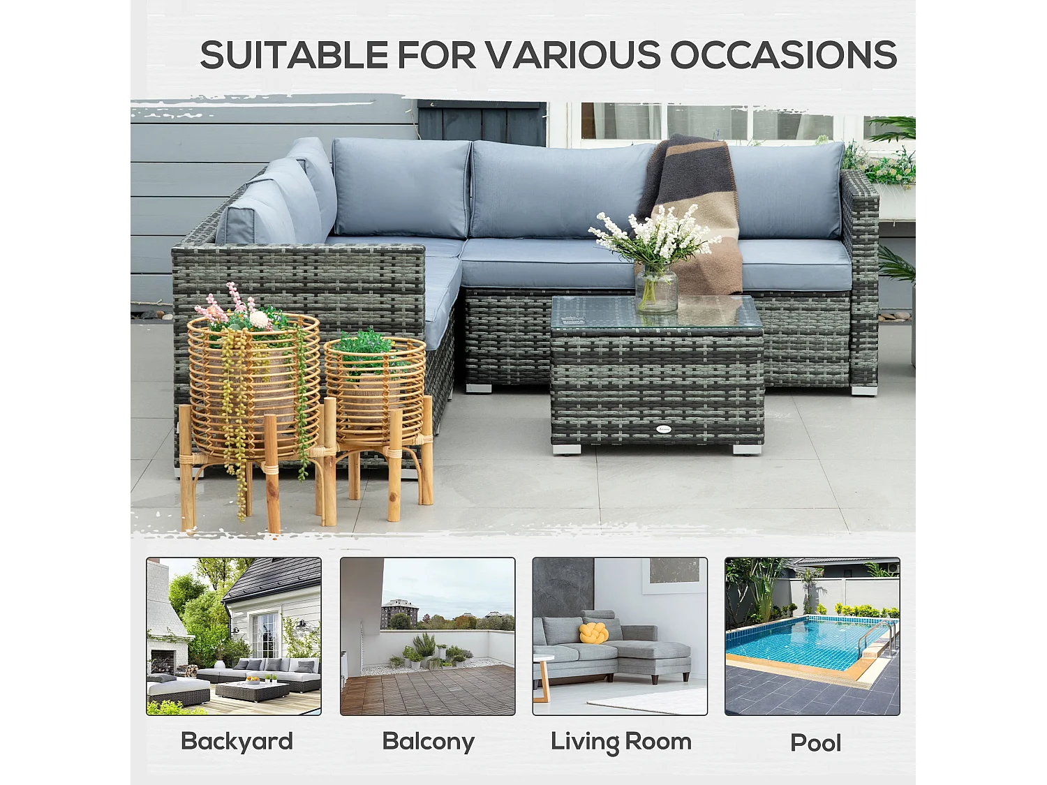Kabaco Grey Faux Rattan 4 Piece Outdoor Sofa Set with Cushions
