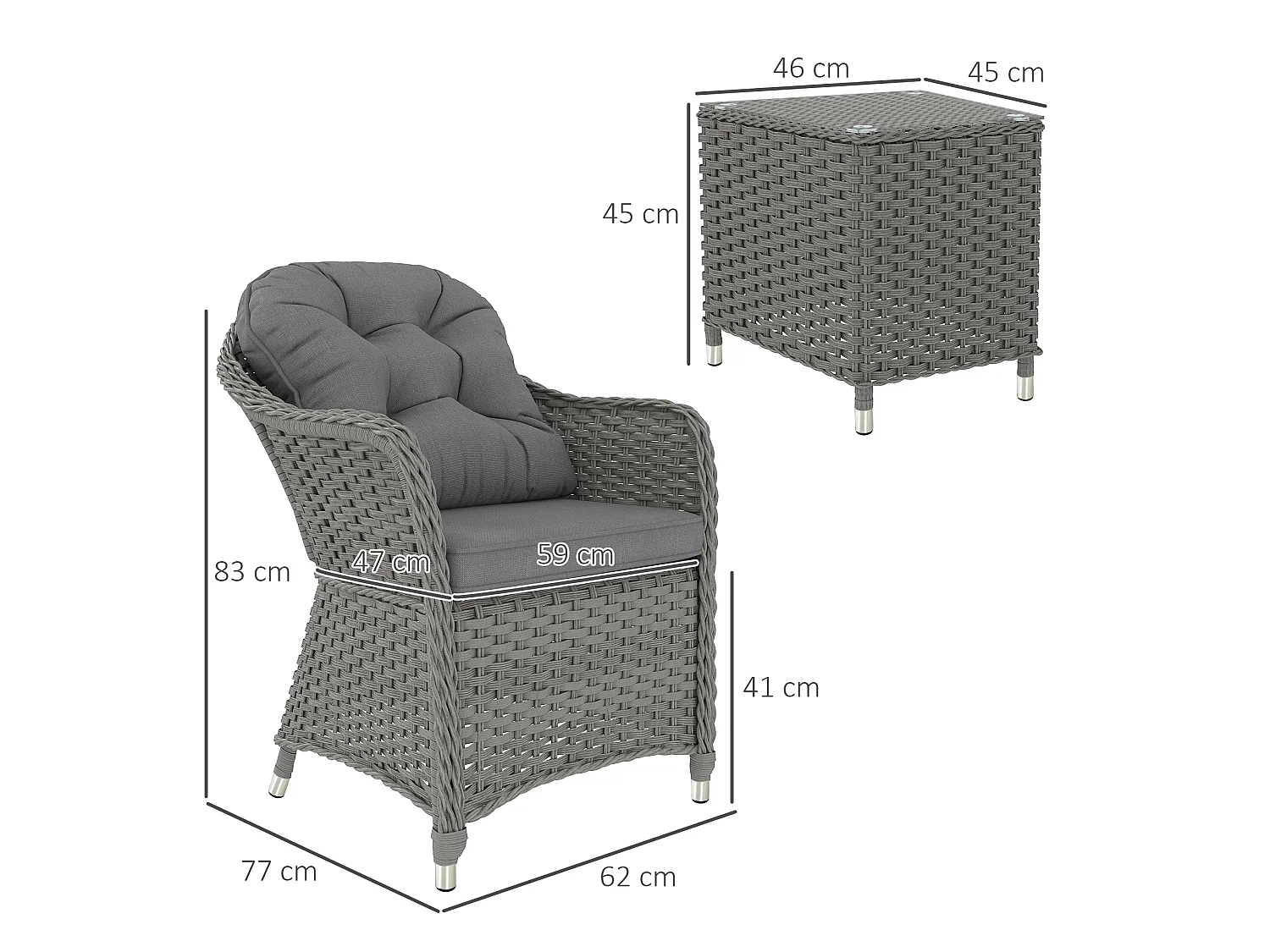Ravi 3 Piece Light Grey Rattan Bistro Set 2 Armchairs and Side Table