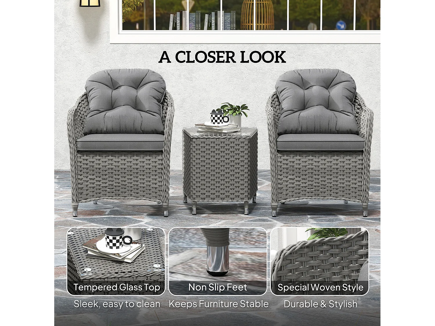 Ravi 3 Piece Light Grey Rattan Bistro Set 2 Armchairs and Side Table