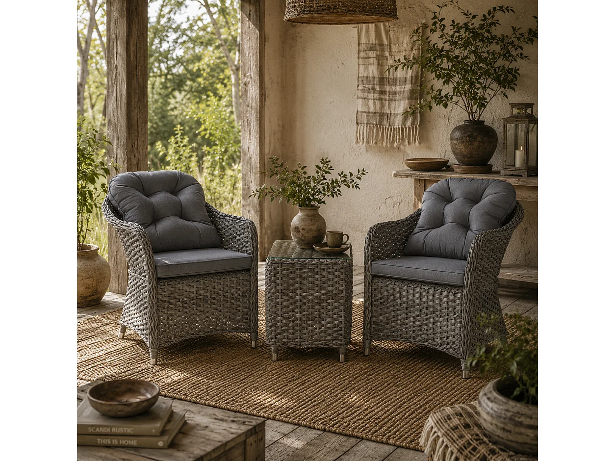 Ravi 3 Piece Light Grey Rattan Bistro Set 2 Armchairs and Side Table