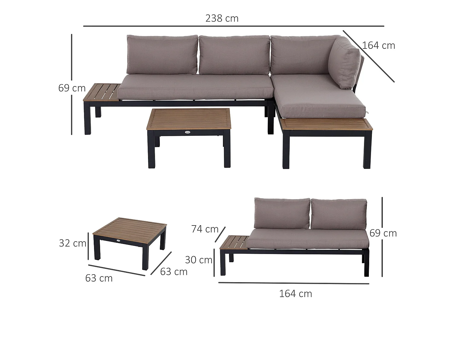 Maha 3 Piece Corner Garden Sofa Set with Chaise Coffee Table and Built In Side Tables