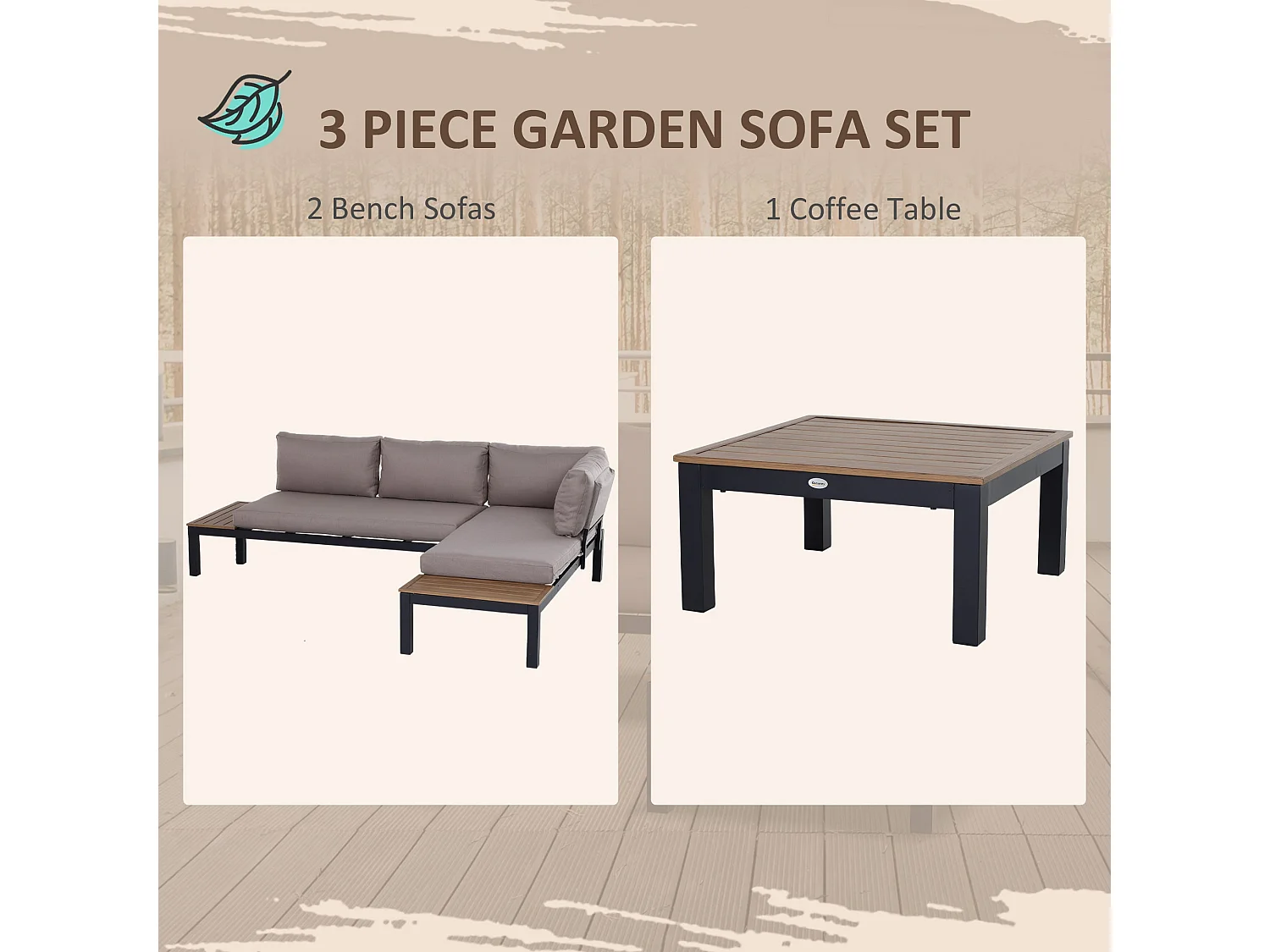 Maha 3 Piece Corner Garden Sofa Set with Chaise Coffee Table and Built In Side Tables
