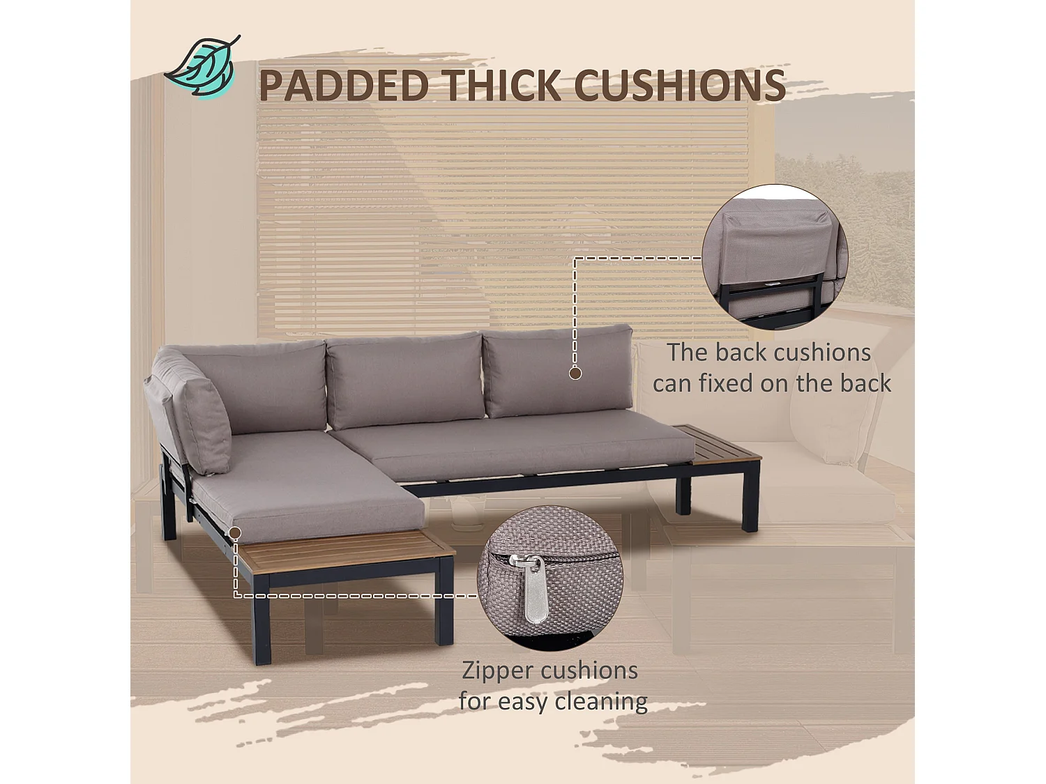 Maha 3 Piece Corner Garden Sofa Set with Chaise Coffee Table and Built In Side Tables