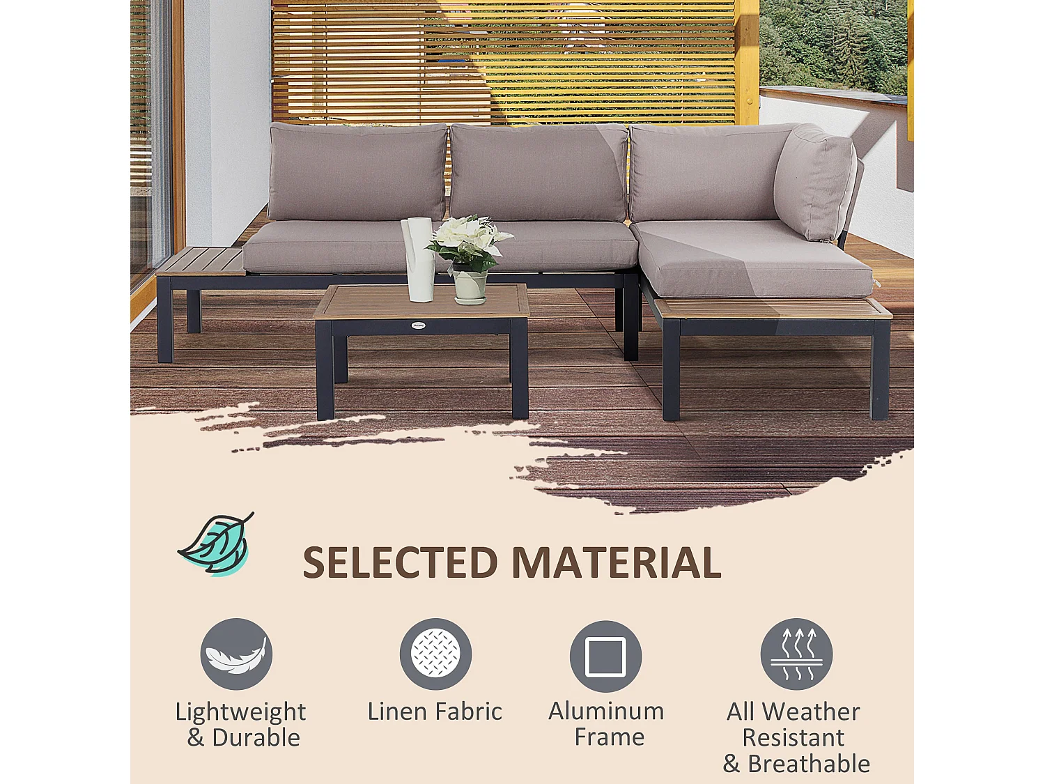 Maha 3 Piece Corner Garden Sofa Set with Chaise Coffee Table and Built In Side Tables
