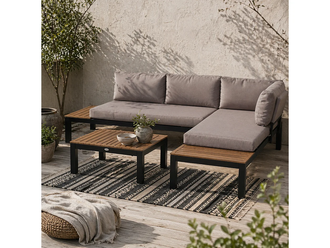 Maha 3 Piece Corner Garden Sofa Set with Chaise Coffee Table and Built In Side Tables