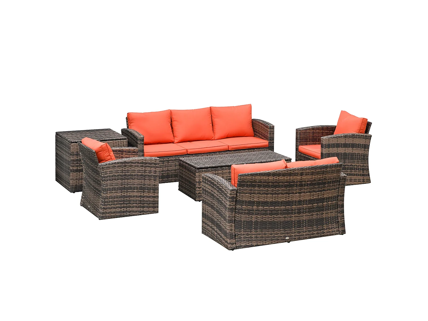 Toleli 7 Seater Brown PE Rattan Outdoor Sofa Set with Orange Cushions and Storage Tables