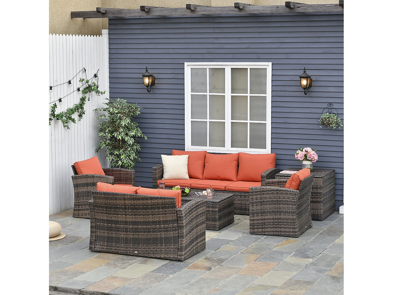Toleli 7 Seater Brown PE Rattan Outdoor Sofa Set with Orange Cushions and Storage Tables