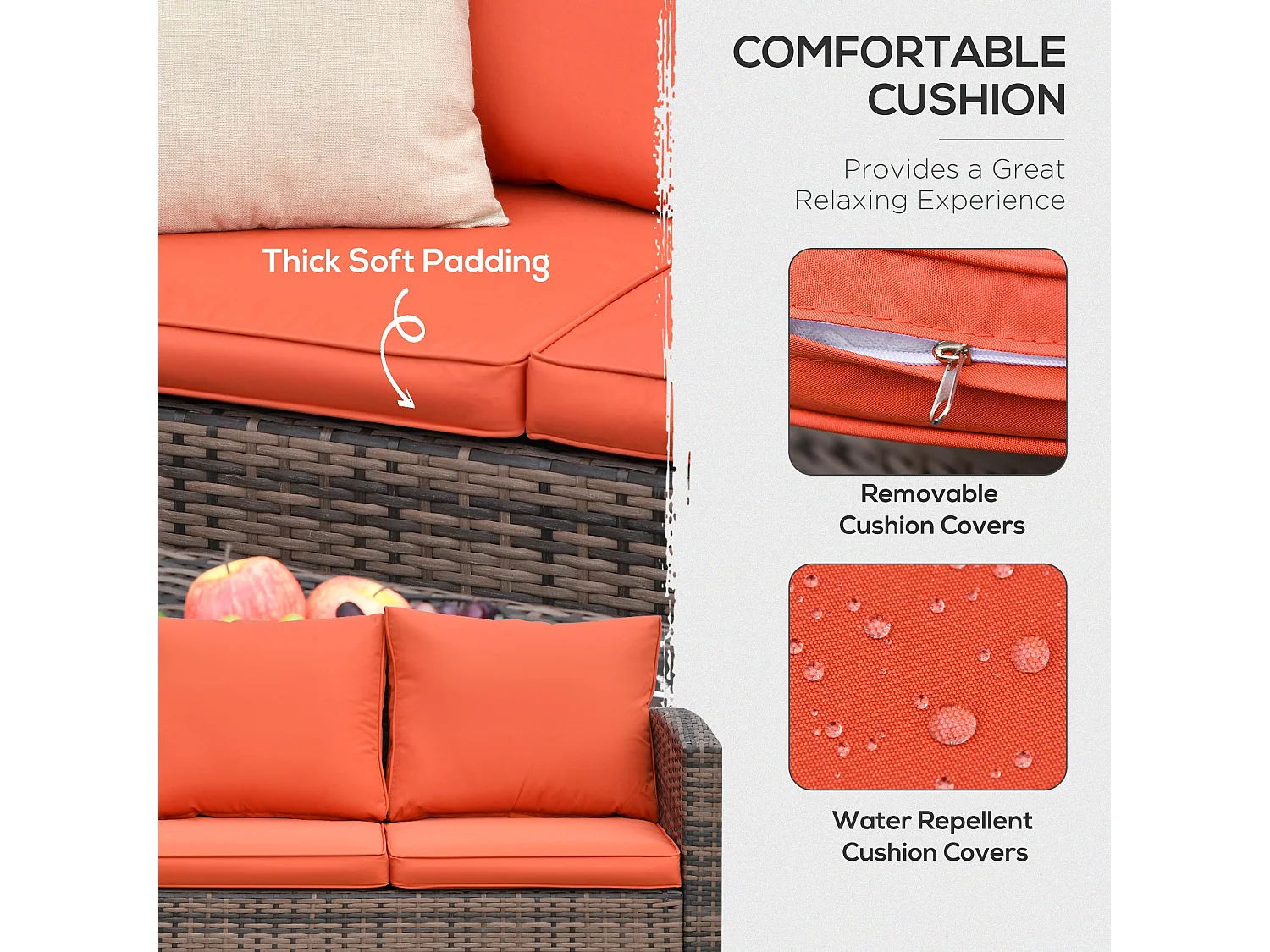 Toleli 7 Seater Brown PE Rattan Outdoor Sofa Set with Orange Cushions and Storage Tables