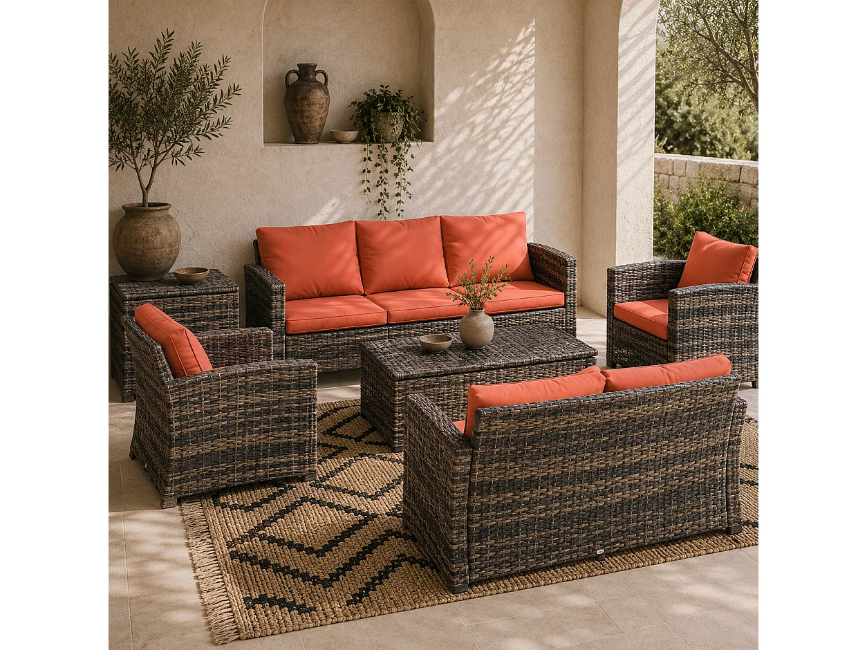 Toleli 7 Seater Brown PE Rattan Outdoor Sofa Set with Orange Cushions and Storage Tables