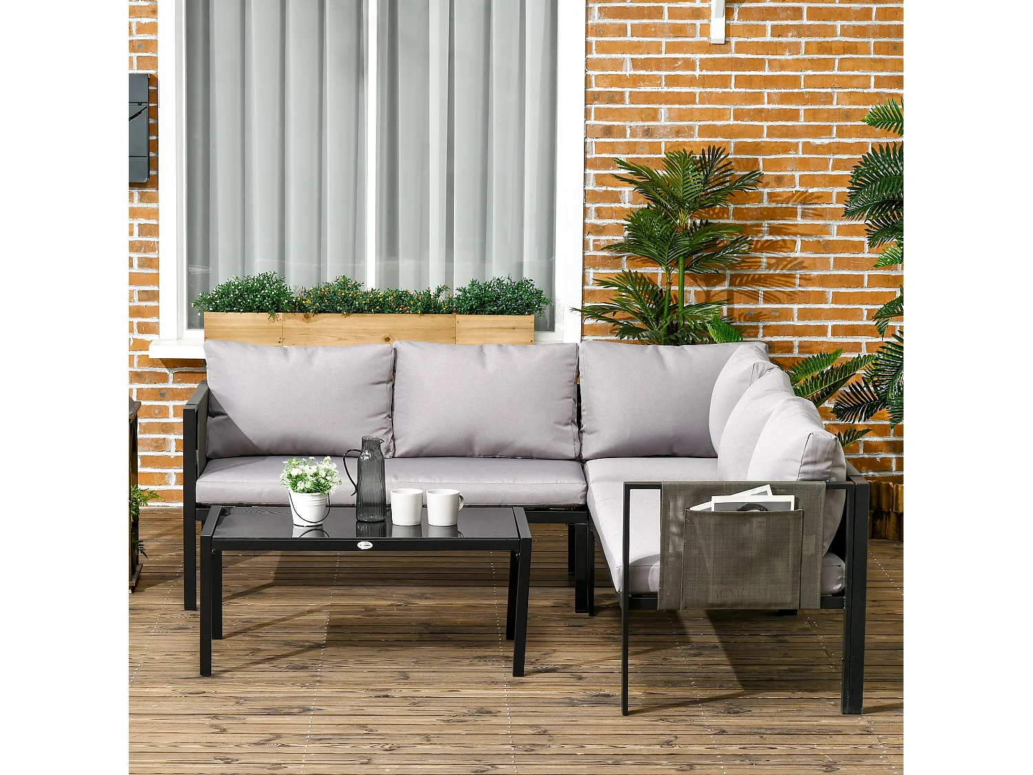 Sera 5 Seater Light Grey L Shaped Garden Corner Sofa Set with Glass Top Coffee Table