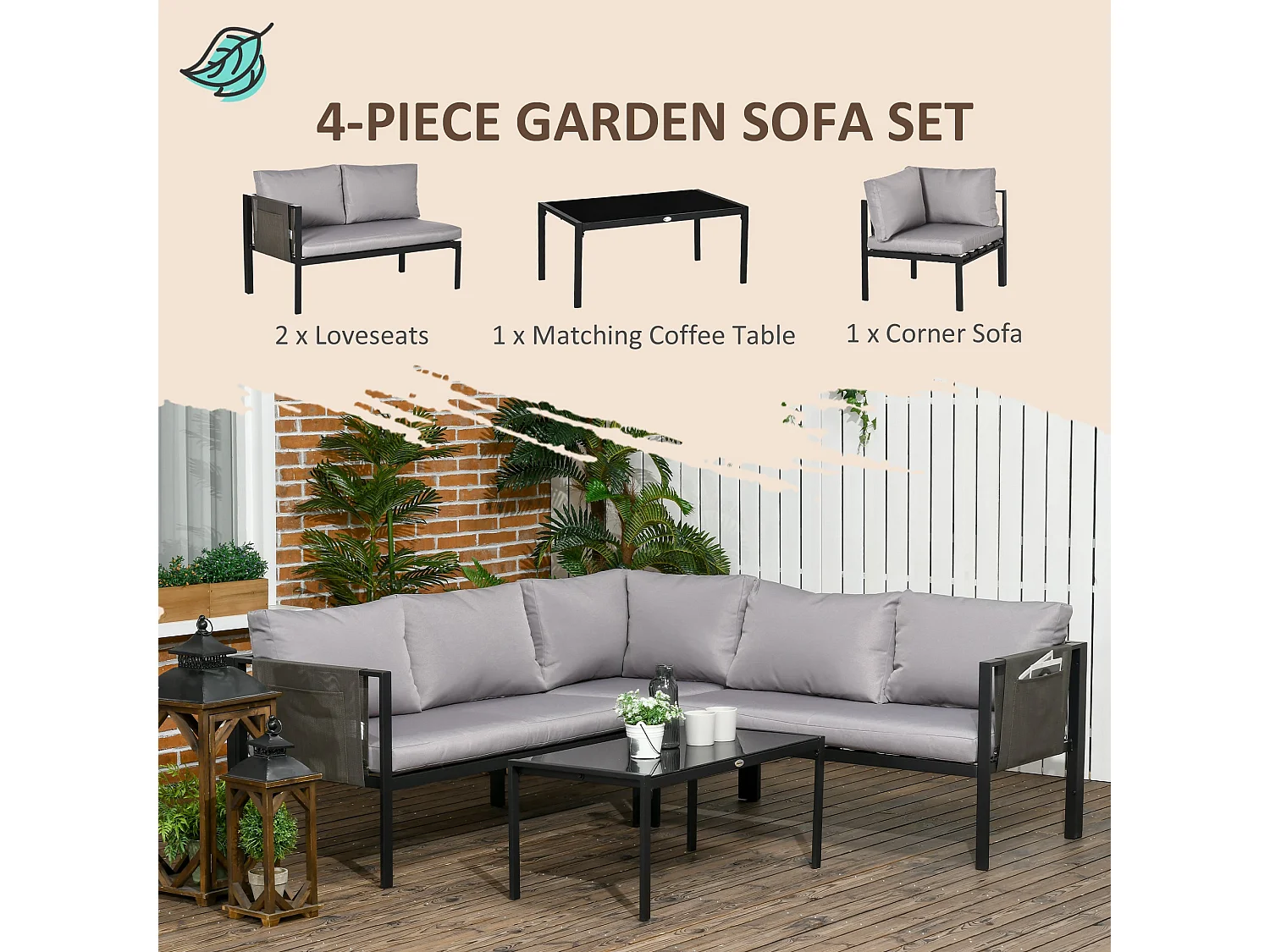 Sera 5 Seater Light Grey L Shaped Garden Corner Sofa Set with Glass Top Coffee Table