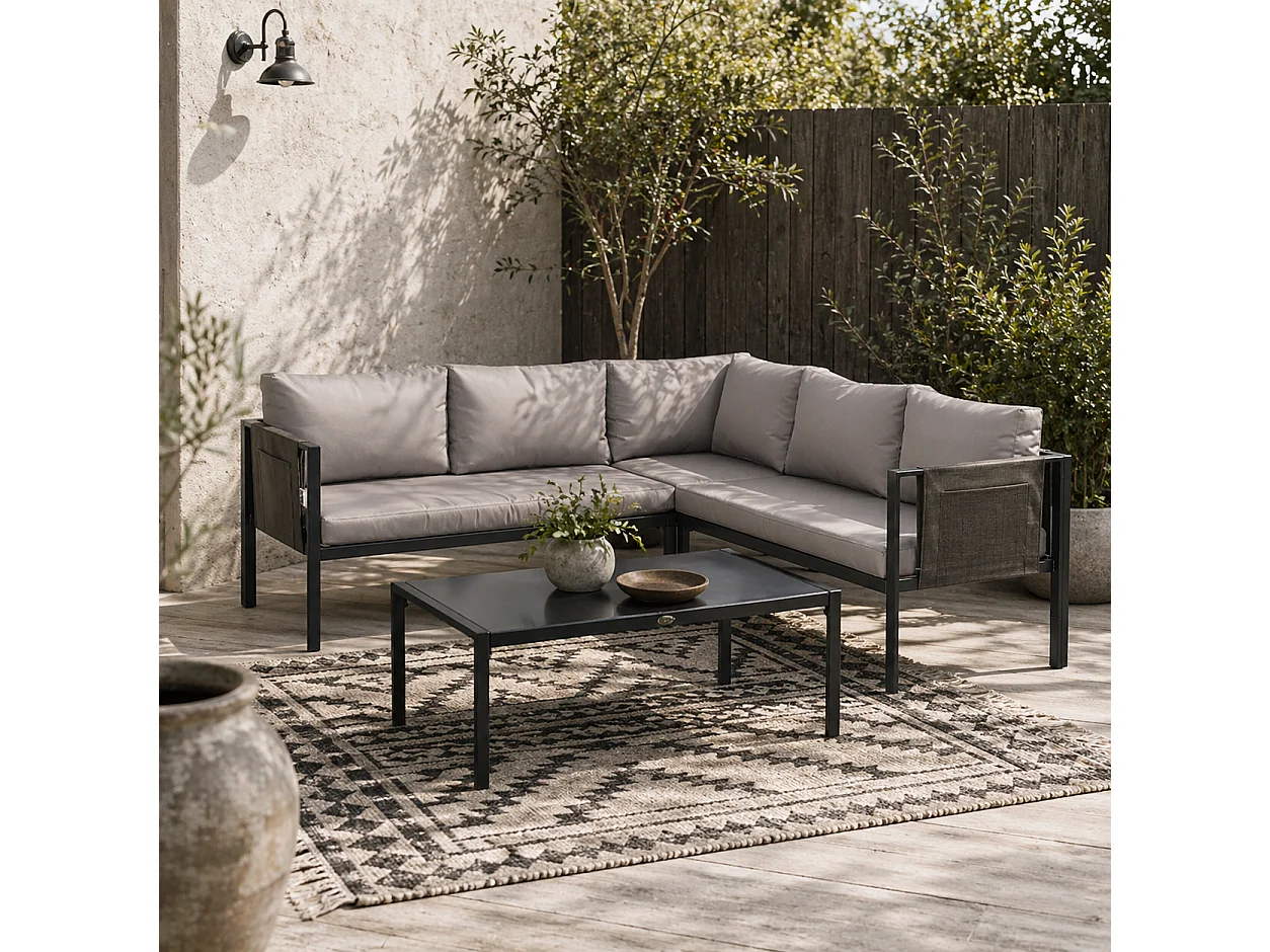Sera 5 Seater Light Grey L Shaped Garden Corner Sofa Set with Glass Top Coffee Table