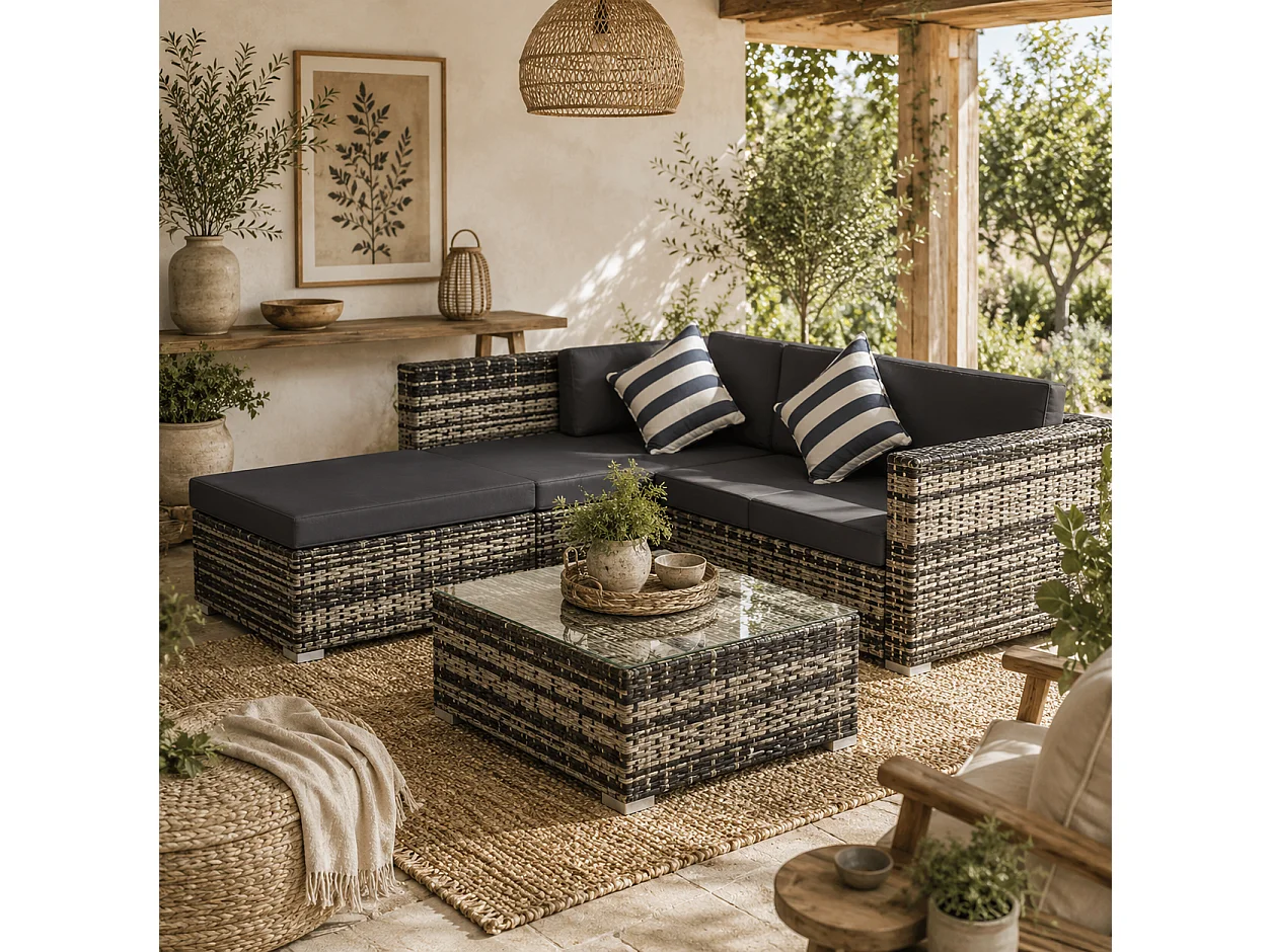 Eltami 4 Seater Modular Rattan Outdoor Sectional Sofa Set Grey