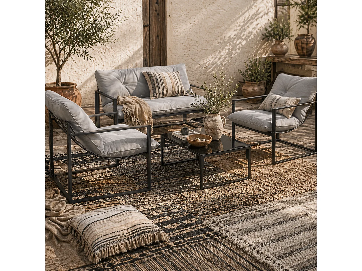 Palive 4 Seater Garden Conversation Set Black Frame Light Grey Cushions