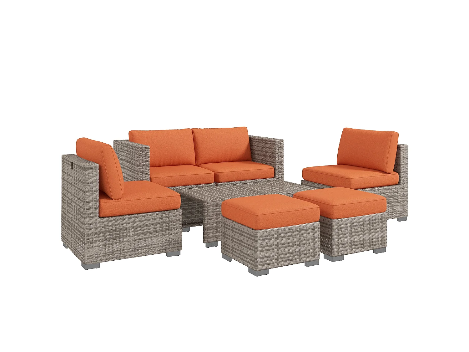 Suve 6 Seater Grey PE Rattan Garden Furniture Set with Orange Cushions