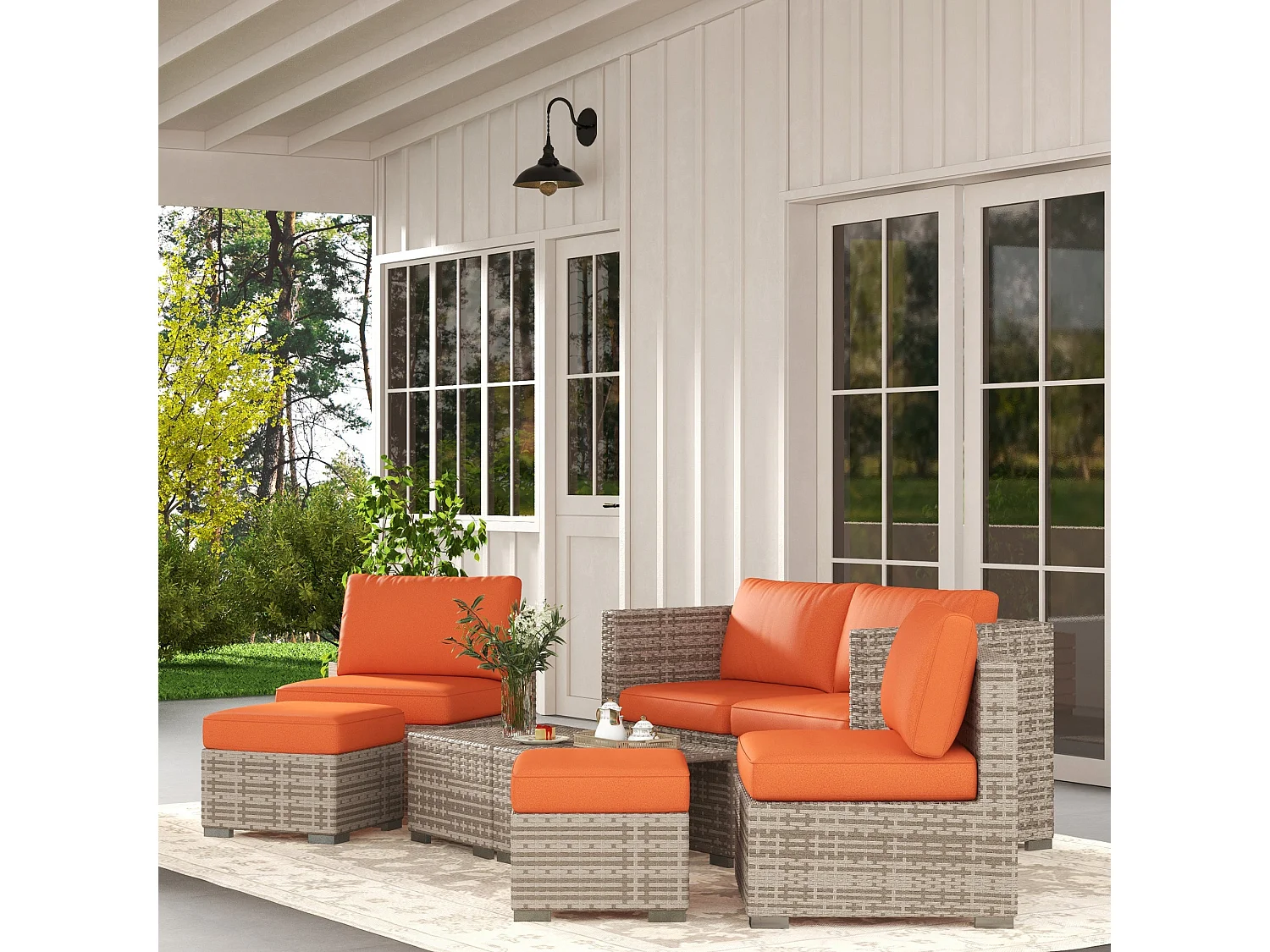Suve 6 Seater Grey PE Rattan Garden Furniture Set with Orange Cushions