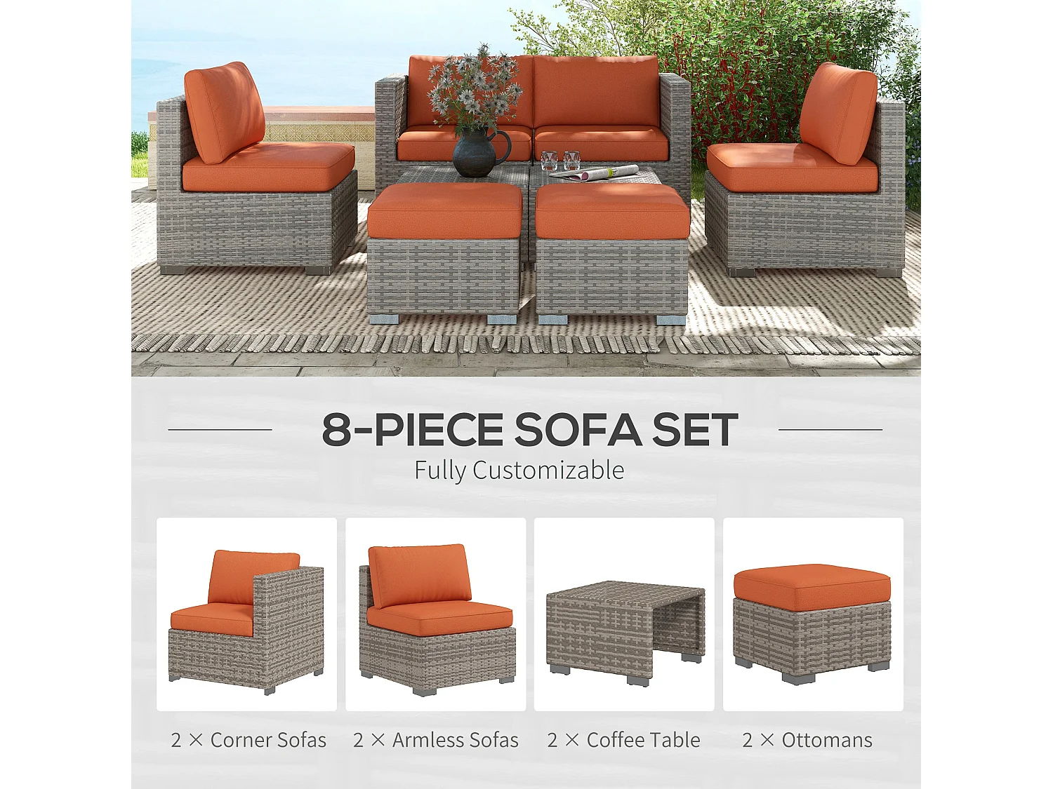 Suve 6 Seater Grey PE Rattan Garden Furniture Set with Orange Cushions