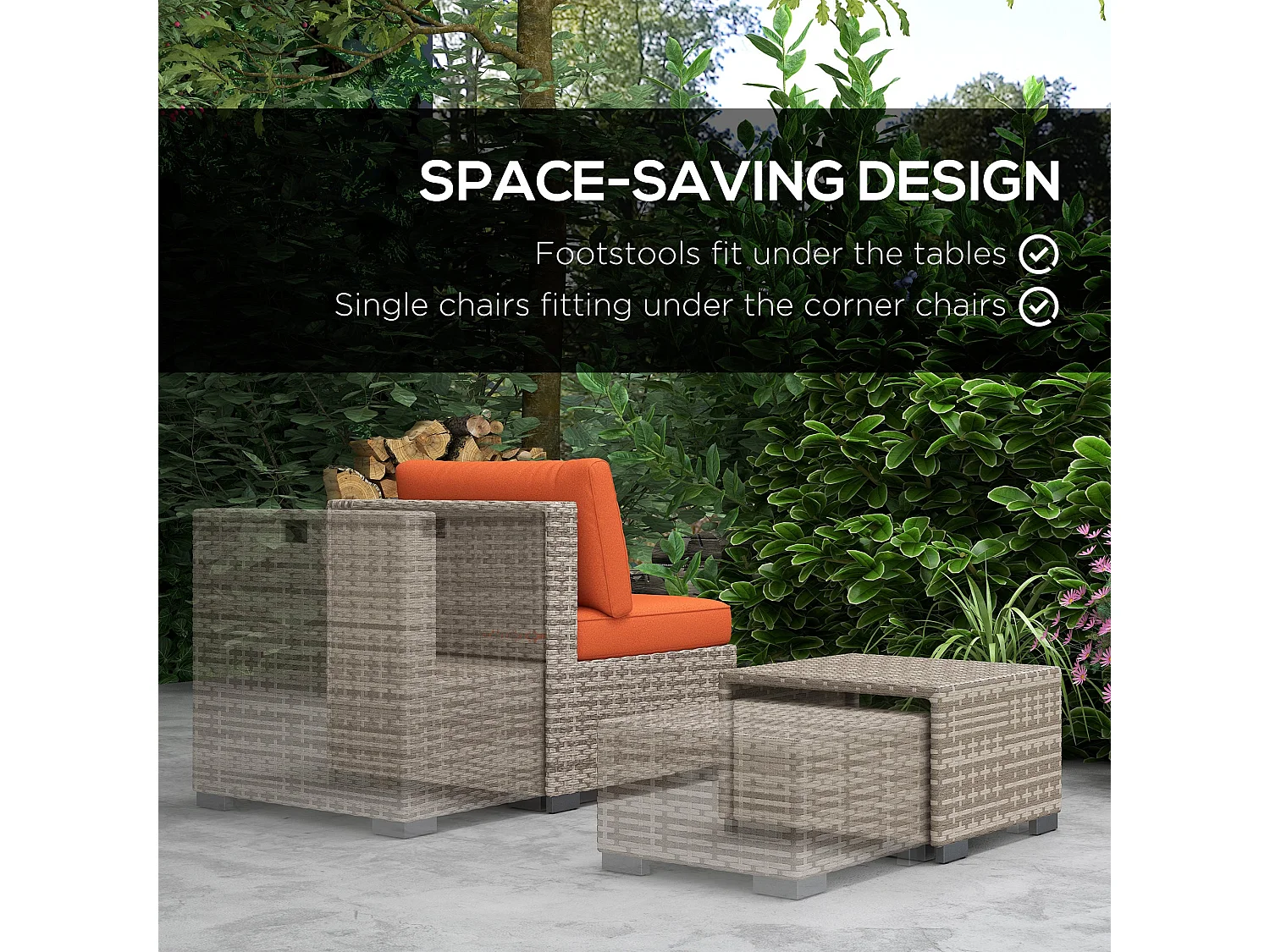 Suve 6 Seater Grey PE Rattan Garden Furniture Set with Orange Cushions