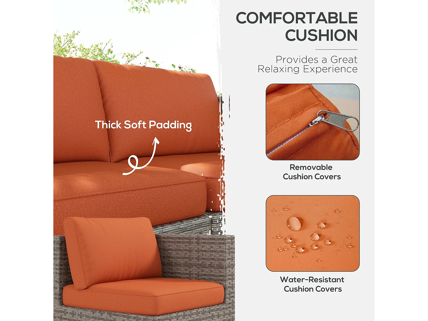 Suve 6 Seater Grey PE Rattan Garden Furniture Set with Orange Cushions