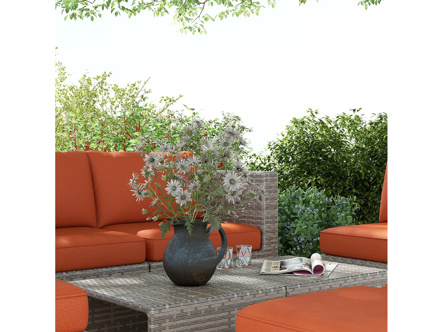 Suve 6 Seater Grey PE Rattan Garden Furniture Set with Orange Cushions
