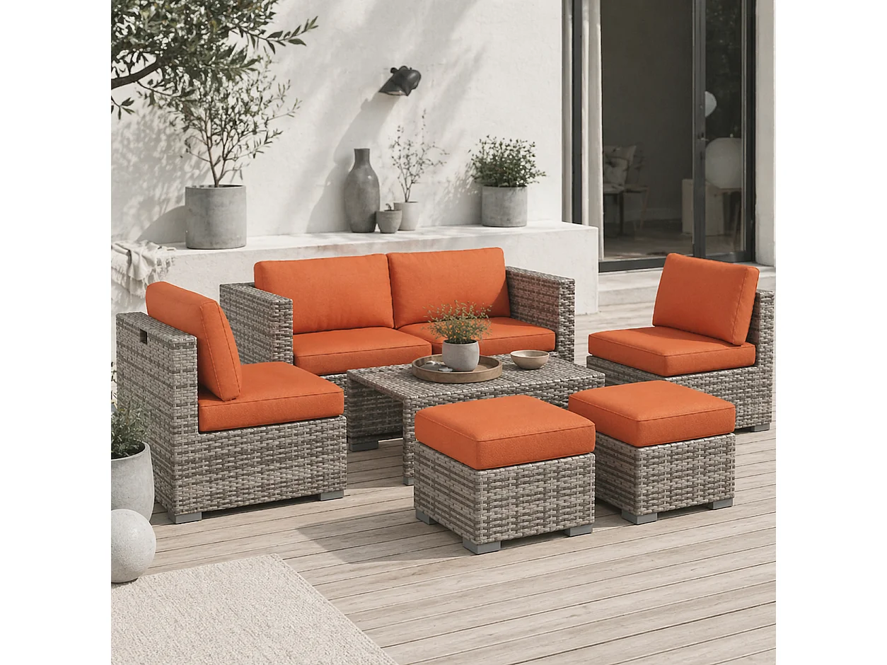 Suve 6 Seater Grey PE Rattan Garden Furniture Set with Orange Cushions