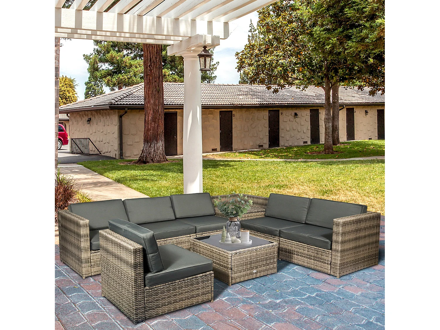 Lofa 6 Seater Modular Rattan Corner Sofa Set with Cushions and Glass Coffee Table