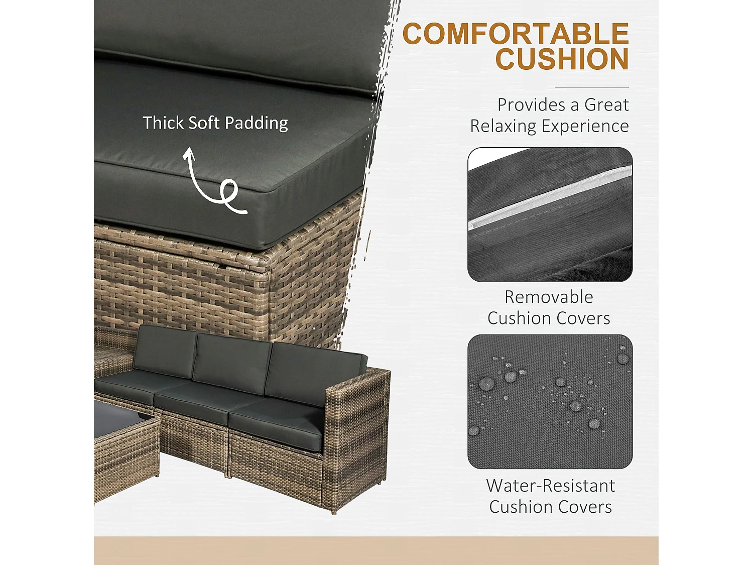 Lofa 6 Seater Modular Rattan Corner Sofa Set with Cushions and Glass Coffee Table