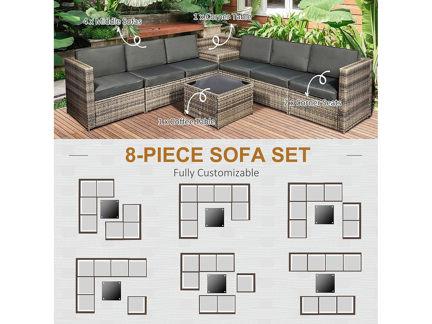 Lofa 6 Seater Modular Rattan Corner Sofa Set with Cushions and Glass Coffee Table
