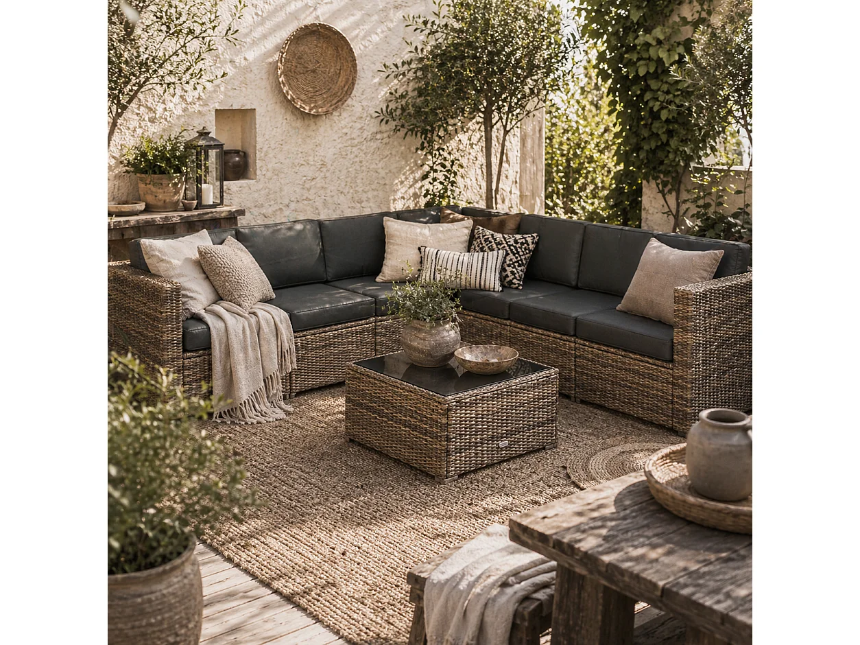 Lofa 6 Seater Modular Rattan Corner Sofa Set with Cushions and Glass Coffee Table