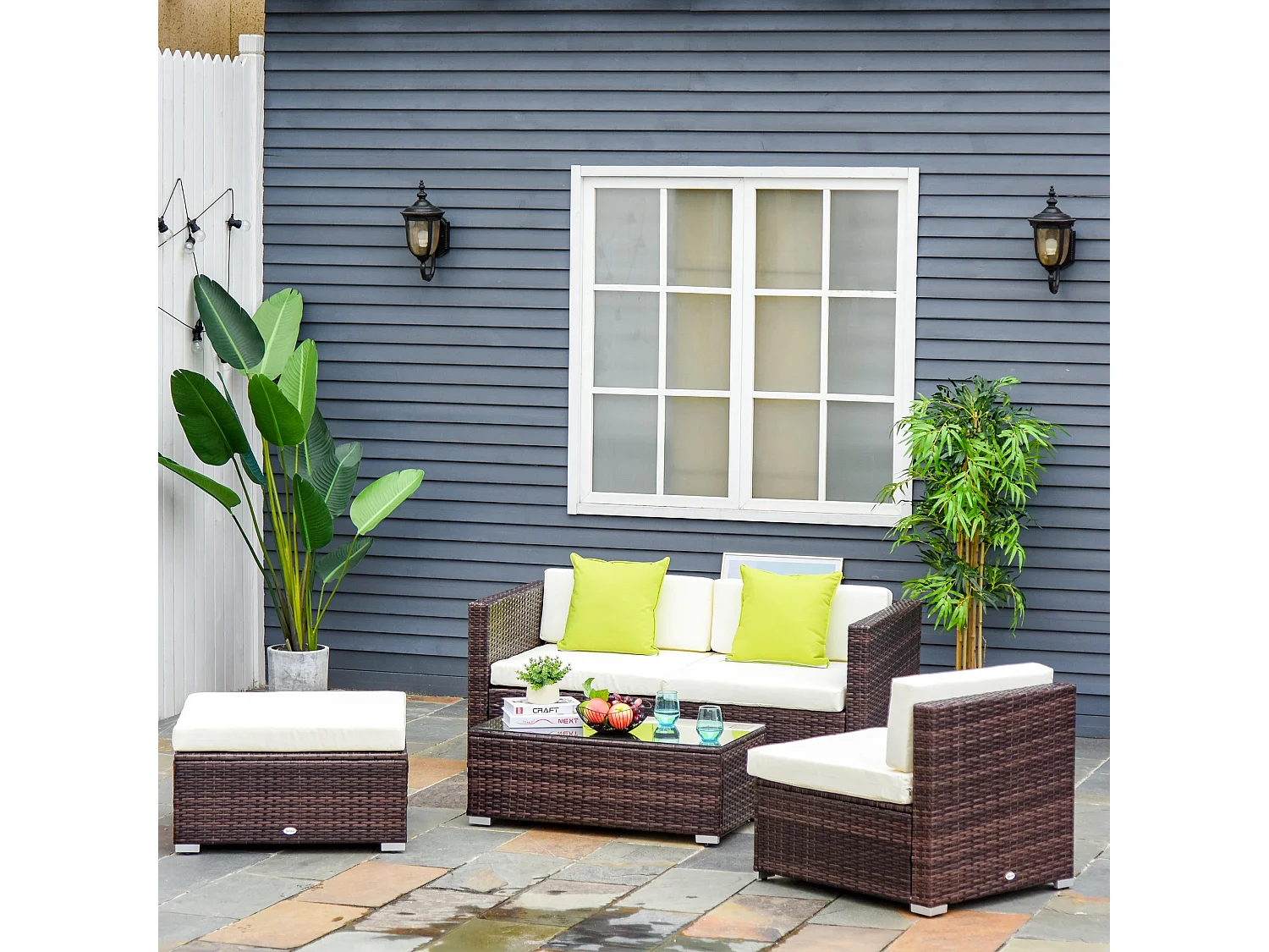 Milo Brown 4 Seater Modular Rattan Corner Sofa Set with Cream Cushions