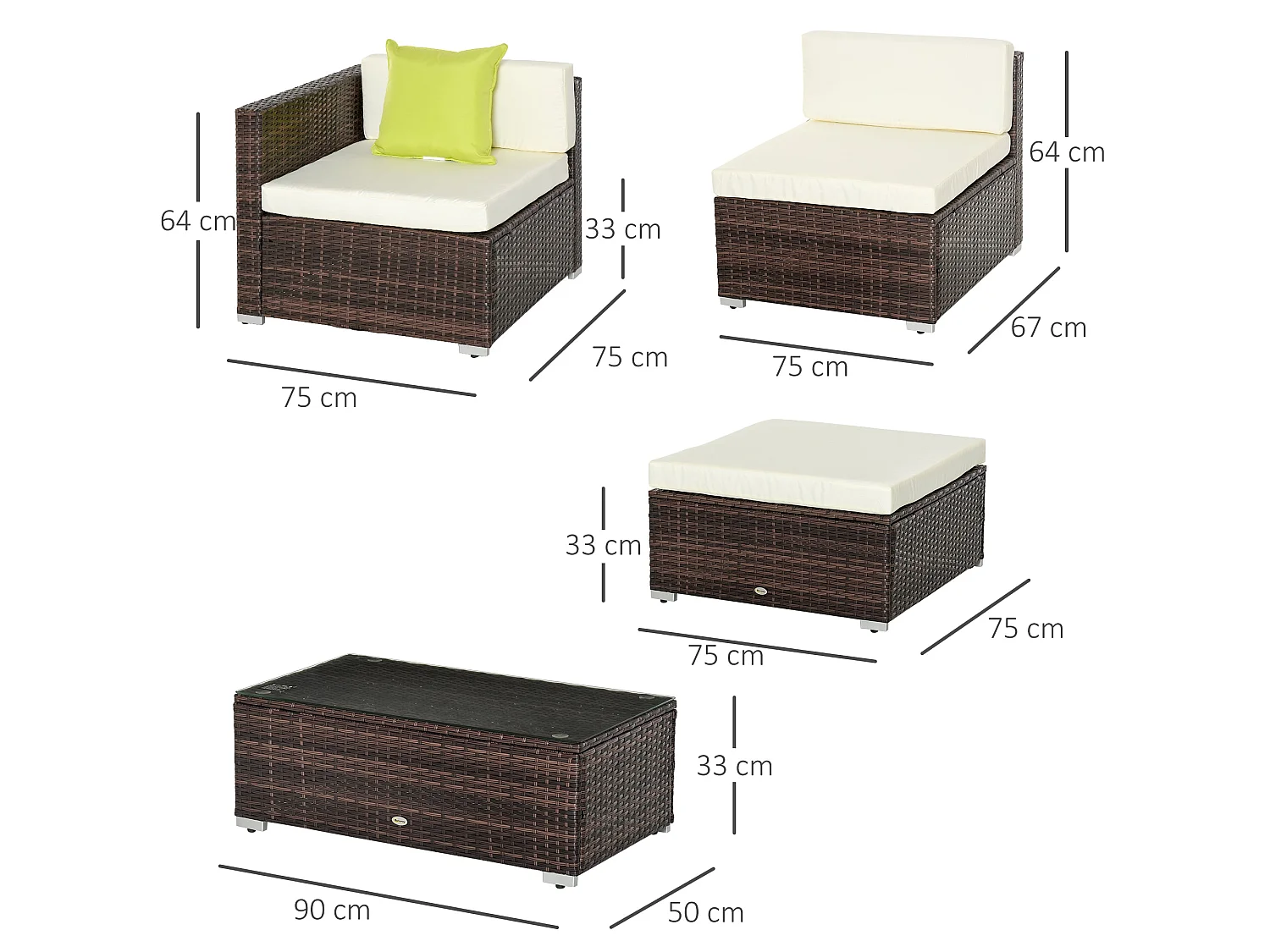 Milo Brown 4 Seater Modular Rattan Corner Sofa Set with Cream Cushions