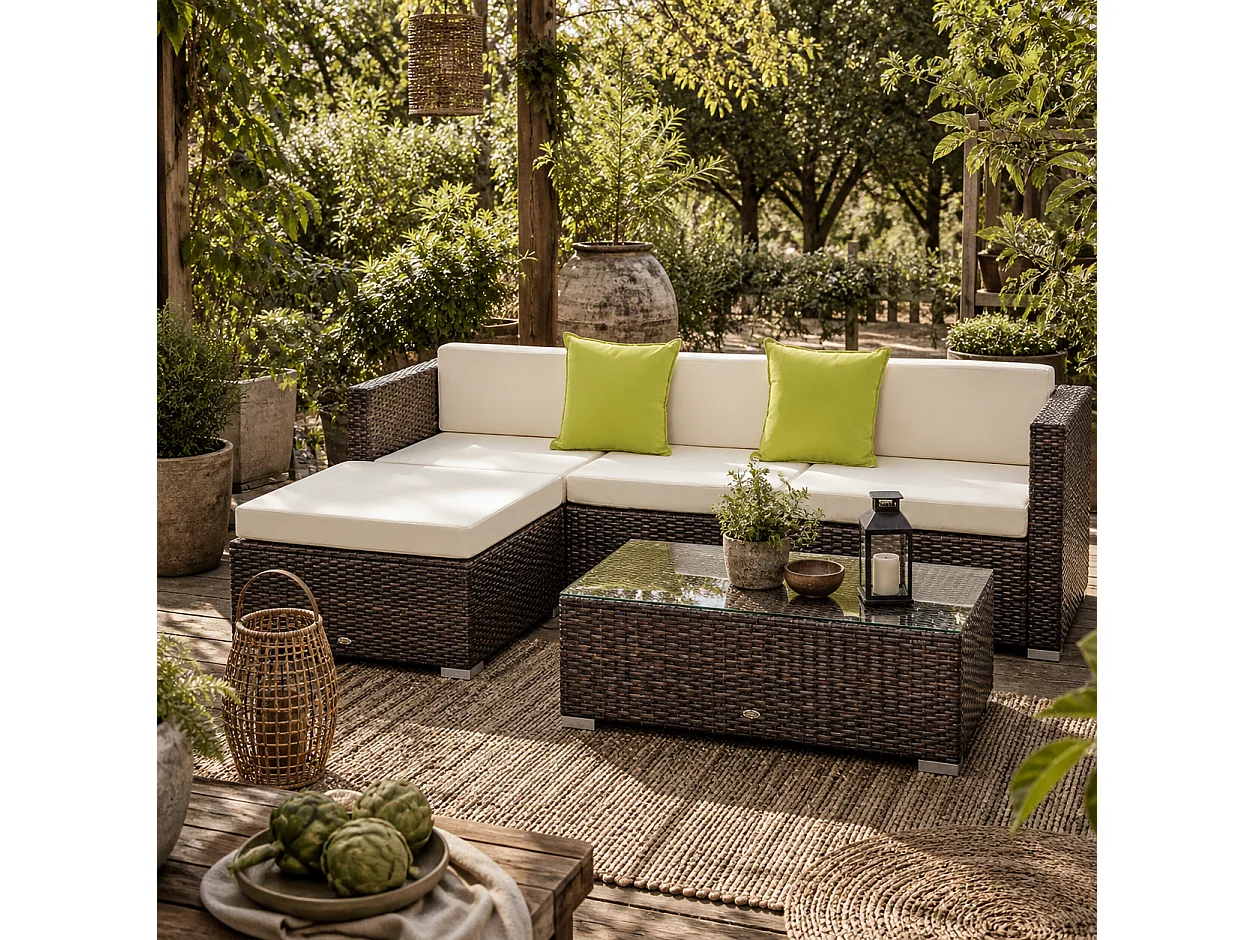 Milo Brown 4 Seater Modular Rattan Corner Sofa Set with Cream Cushions