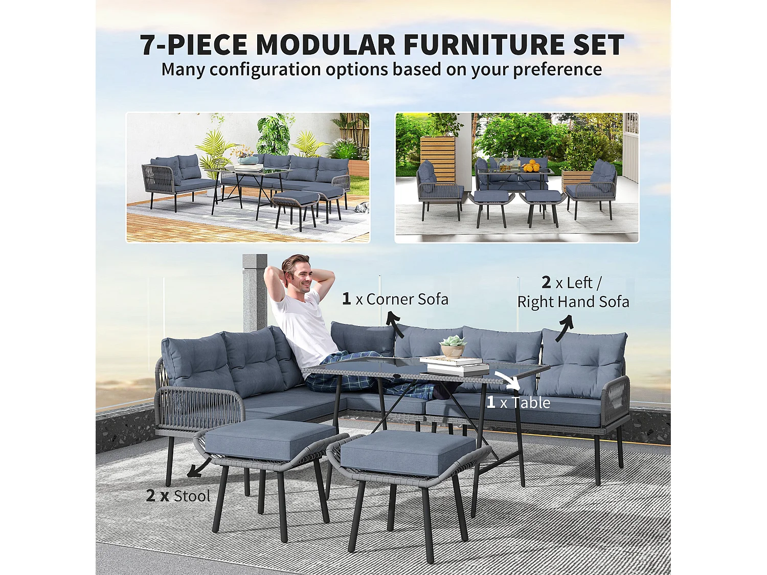 Relu 8 Seater Modular Rattan Corner Sofa Set with Tempered Glass Coffee Table