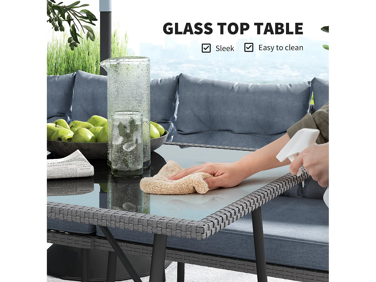 Relu 8 Seater Modular Rattan Corner Sofa Set with Tempered Glass Coffee Table