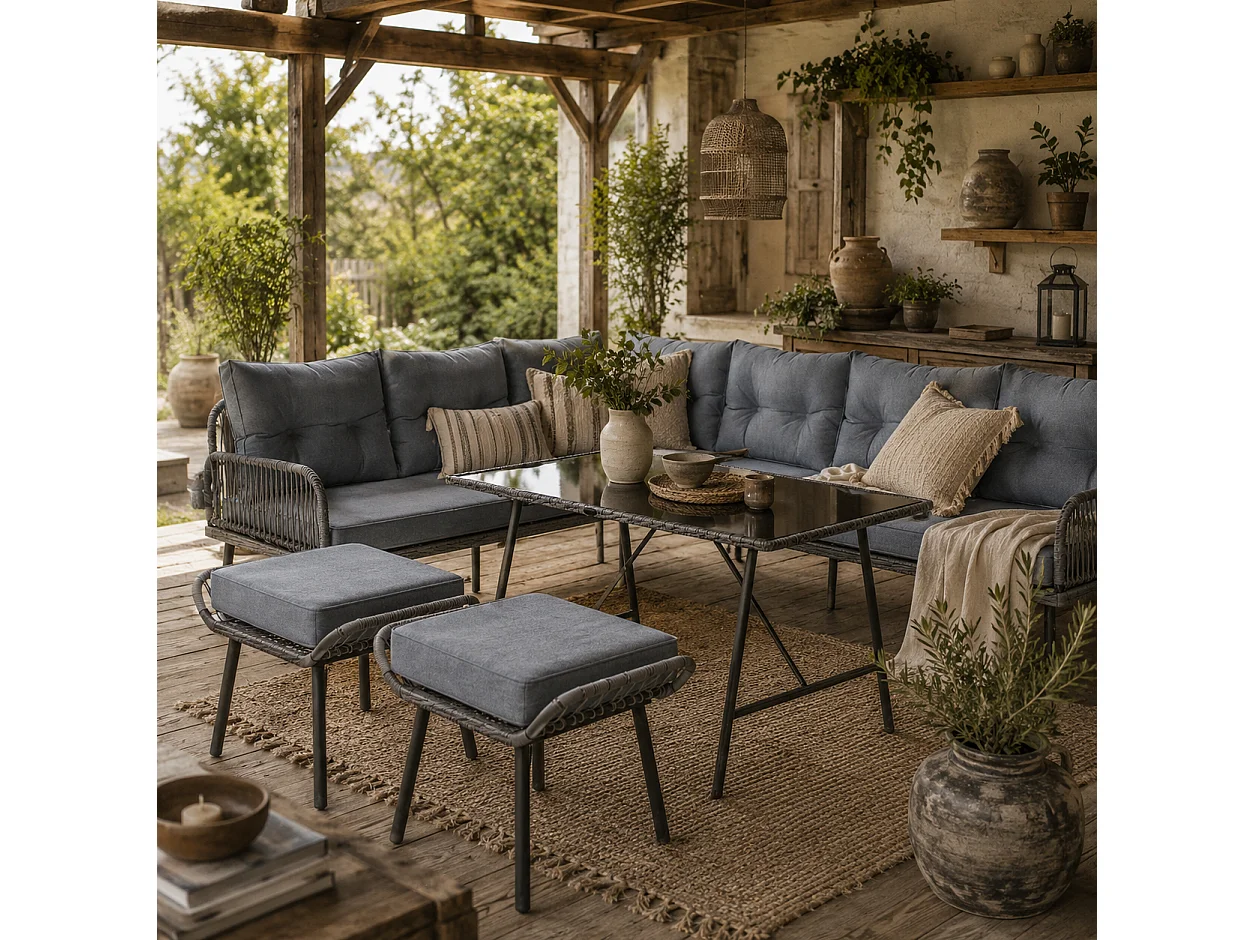 Relu 8 Seater Modular Rattan Corner Sofa Set with Tempered Glass Coffee Table