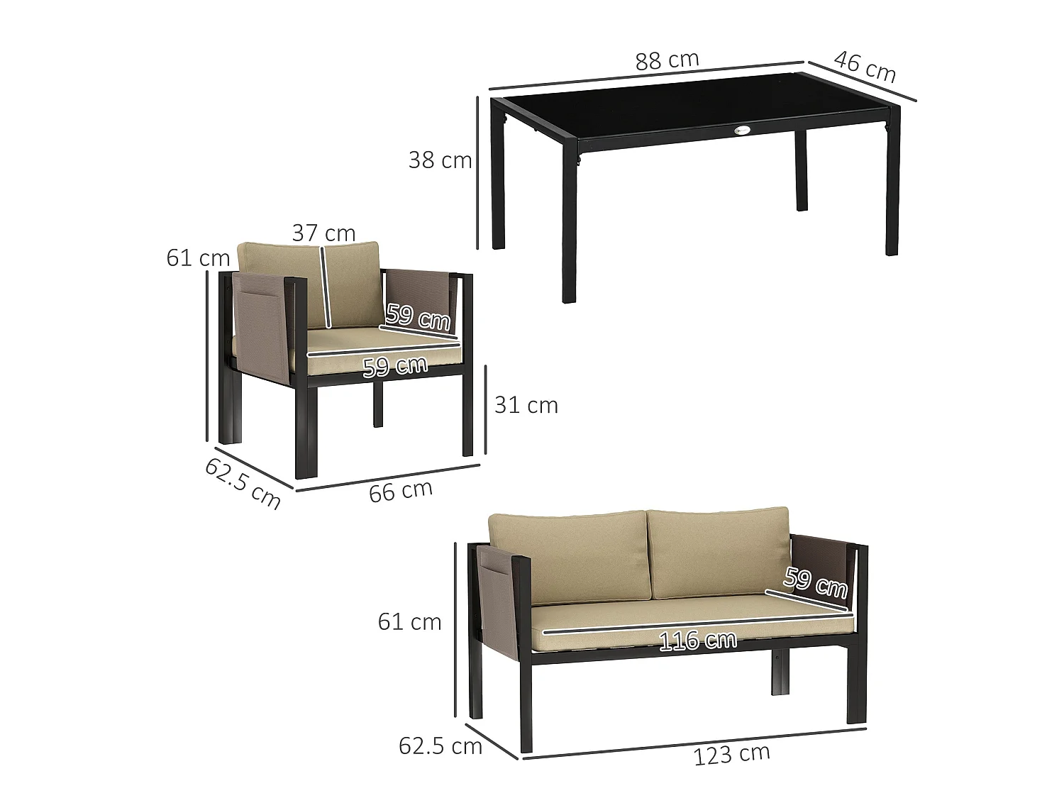 Namato 4 Seater Outdoor Sofa Set with Tempered Glass Table and Side Pockets