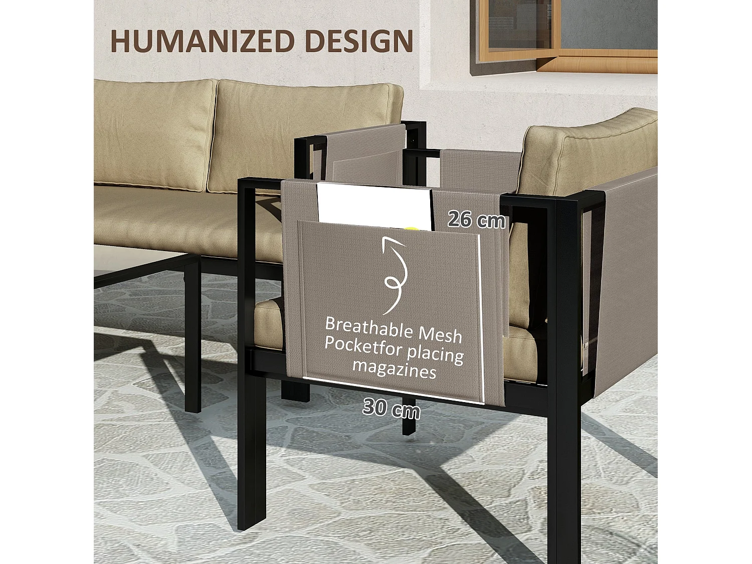 Namato 4 Seater Outdoor Sofa Set with Tempered Glass Table and Side Pockets