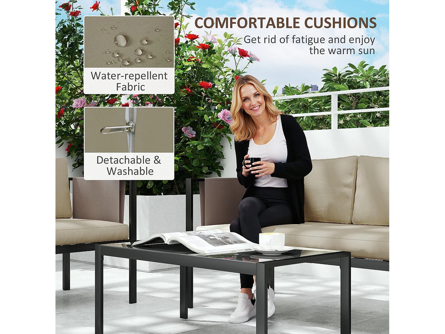 Namato 4 Seater Outdoor Sofa Set with Tempered Glass Table and Side Pockets