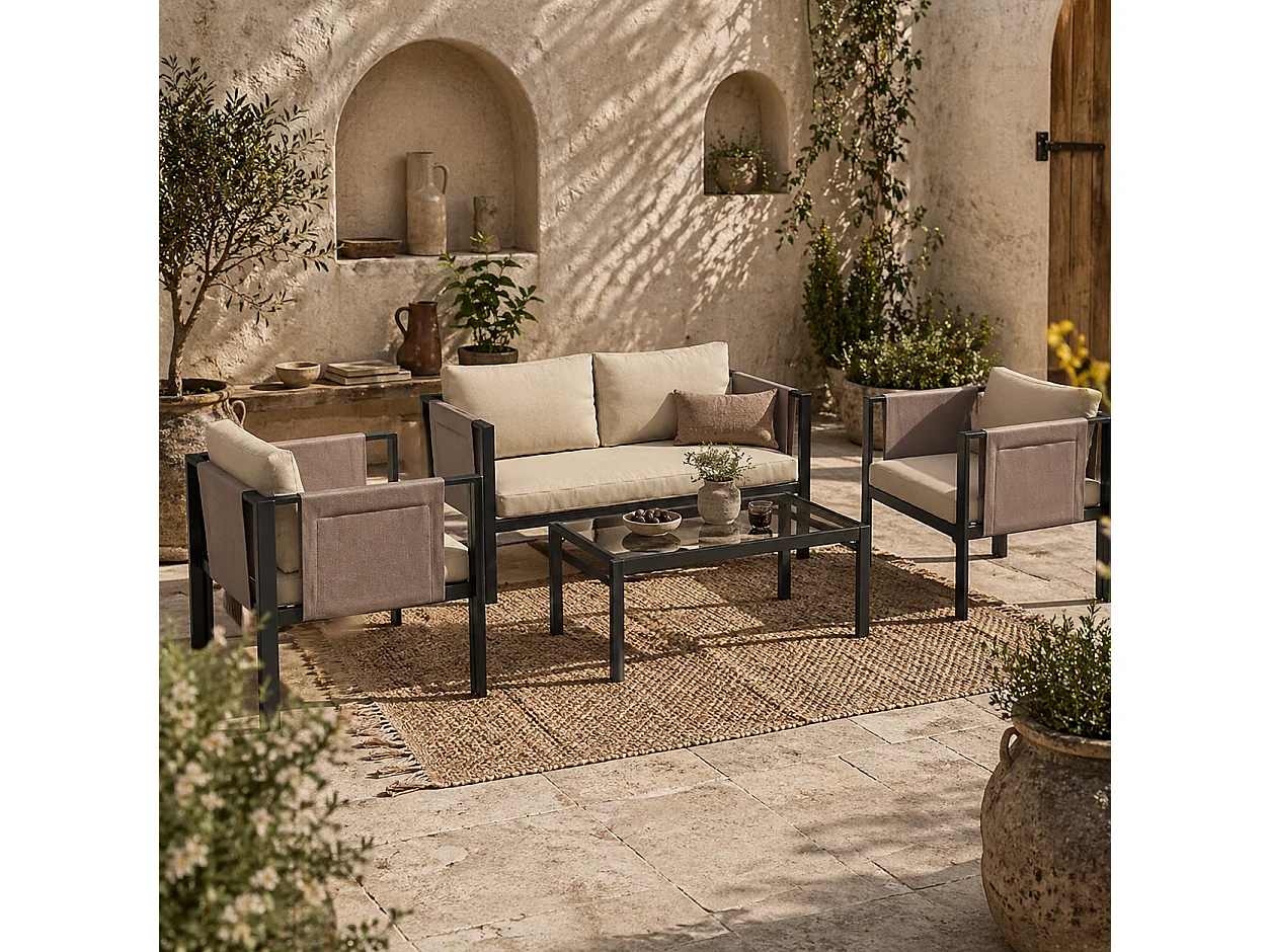 Namato 4 Seater Outdoor Sofa Set with Tempered Glass Table and Side Pockets