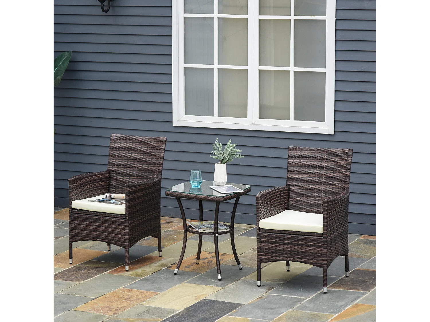 Lovi 3 Piece Brown Rattan Bistro Set with Cushions