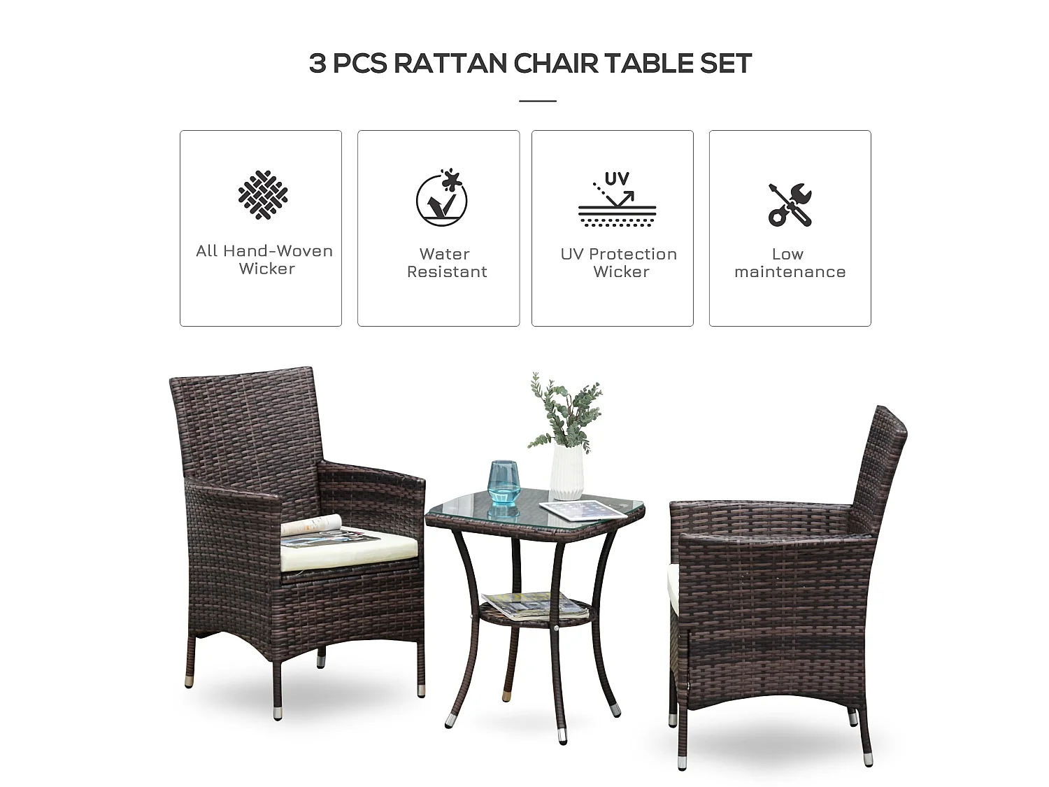 Lovi 3 Piece Brown Rattan Bistro Set with Cushions