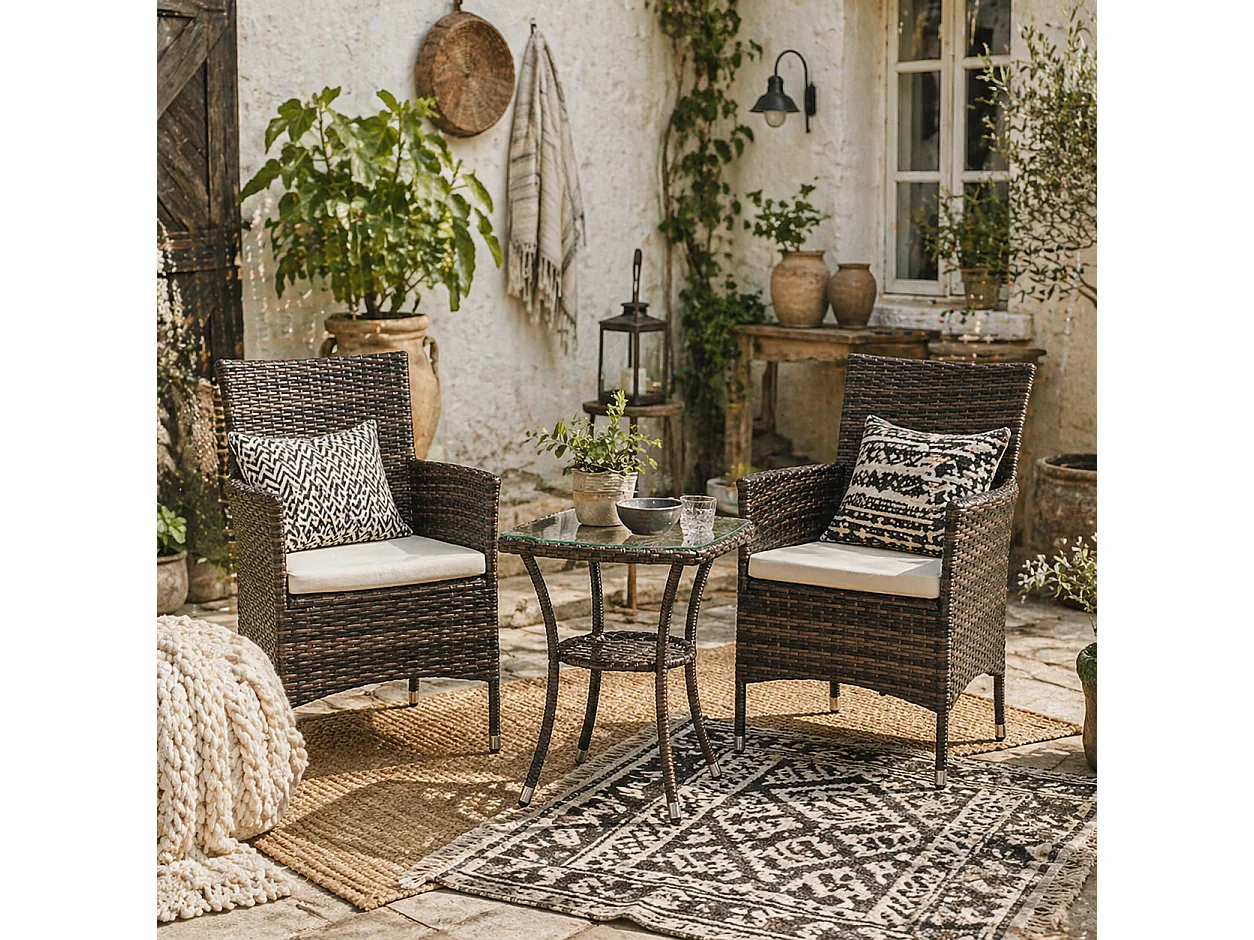 Lovi 3 Piece Brown Rattan Bistro Set with Cushions