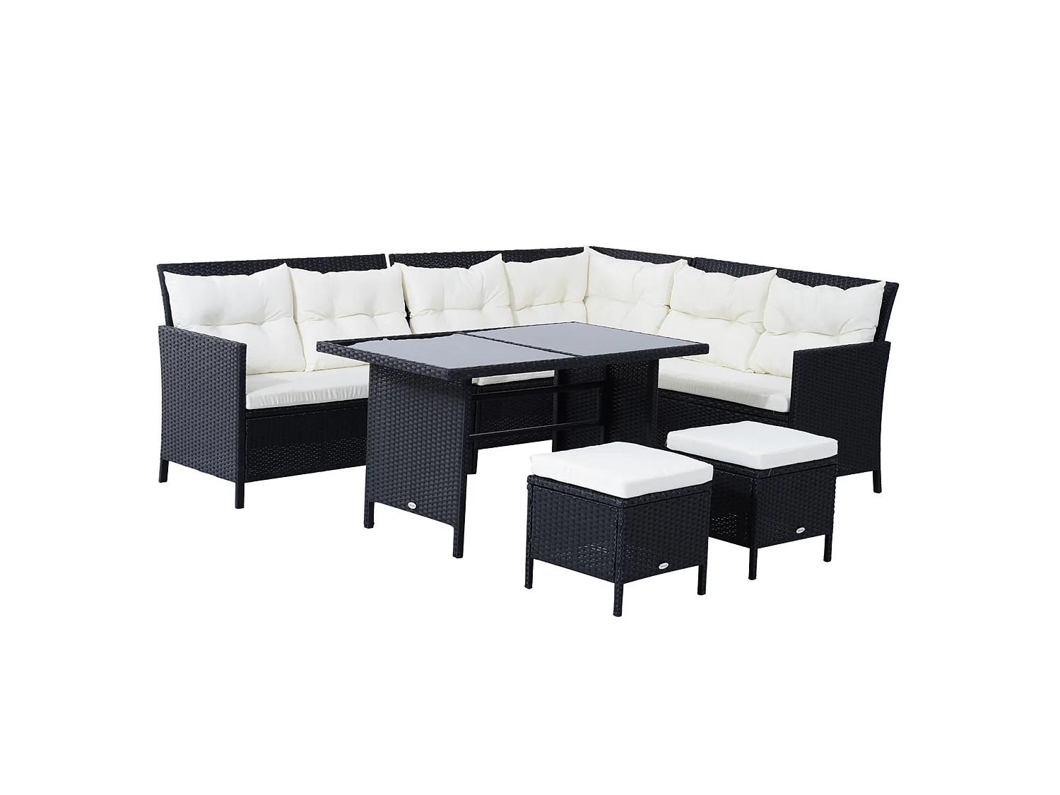 Semapa 8 Seater Black PE Rattan Corner Dining Sofa Set with Double Table and Cream Cushions