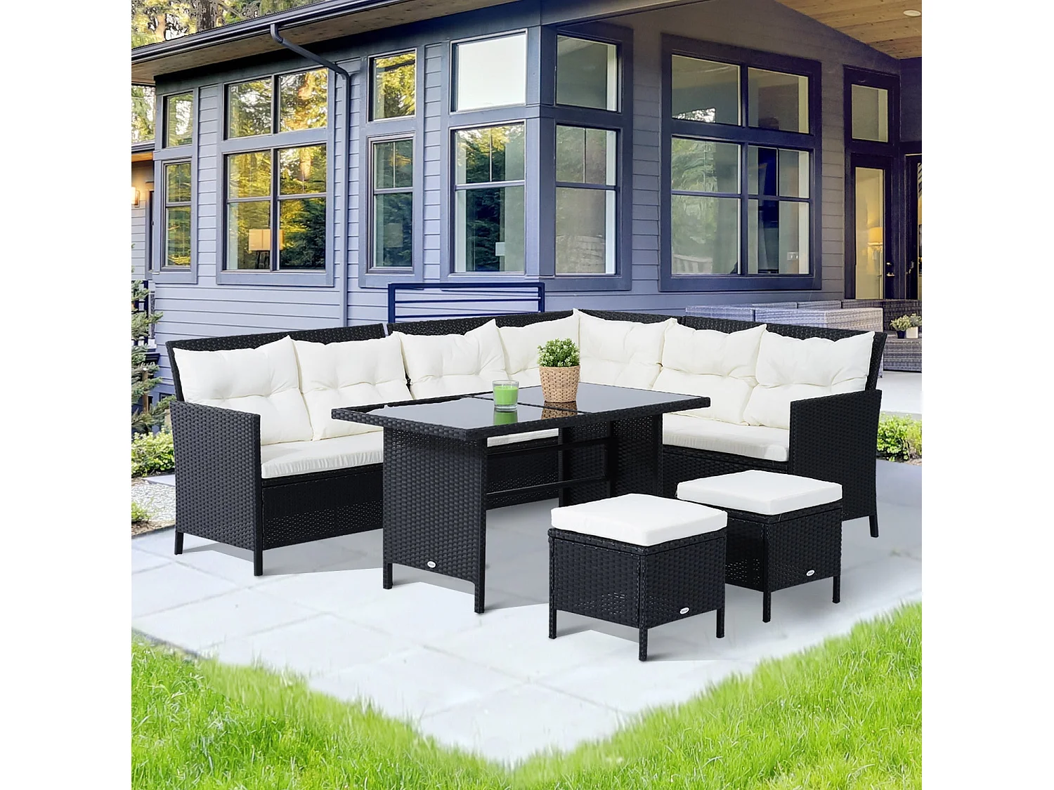 Semapa 8 Seater Black PE Rattan Corner Dining Sofa Set with Double Table and Cream Cushions